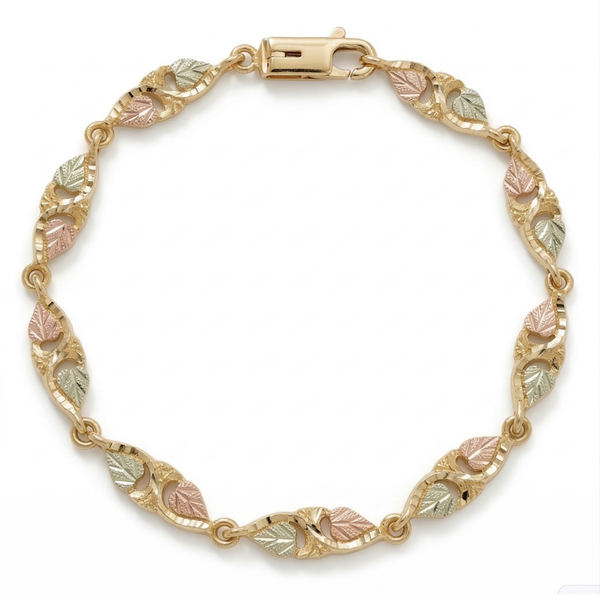 Petite Heart Leaf Bracelet for Women, 10K Yellow Gold Black Hills Gold with 12K Green & Rose Gold Leaves, Tri-Tone Heart Link Bracelet, 7 Inch