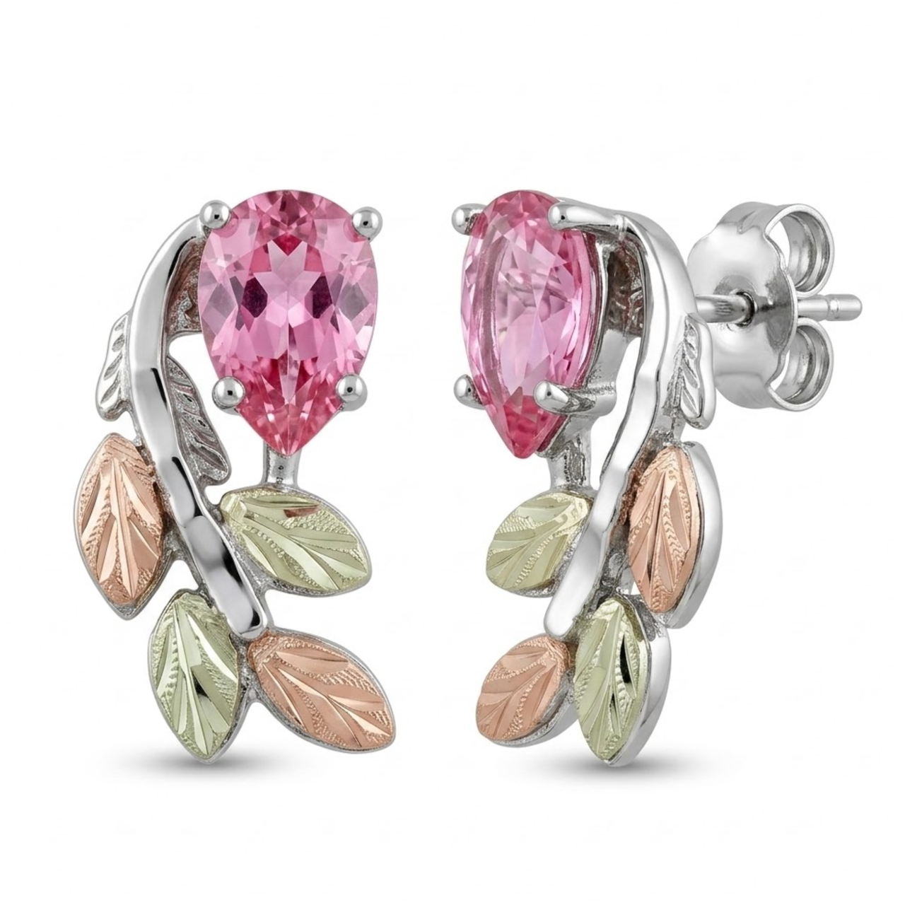 Pink CZ Cascade Earrings, Sterling Silver, 12k Green and Rose Gold Black Hills Gold Motif