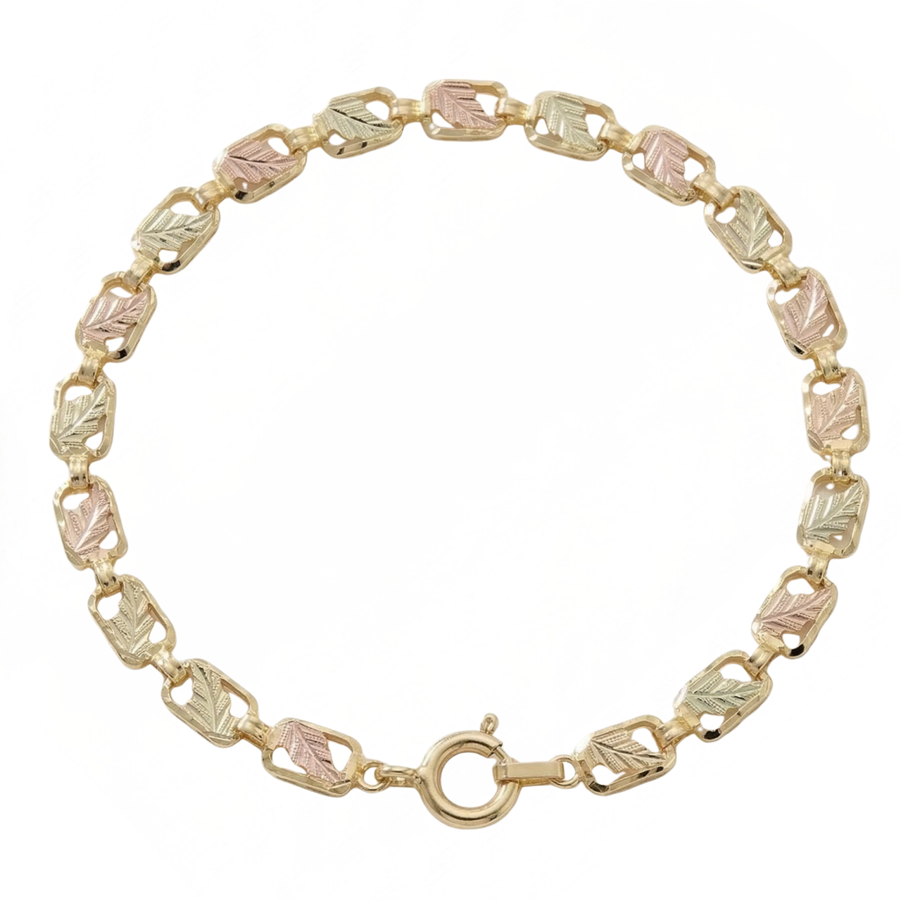 Rectangle Pattern Bracelet, 10k Yellow Gold, 12k Green and Rose Gold Black Hills Gold Motif, 7.5"