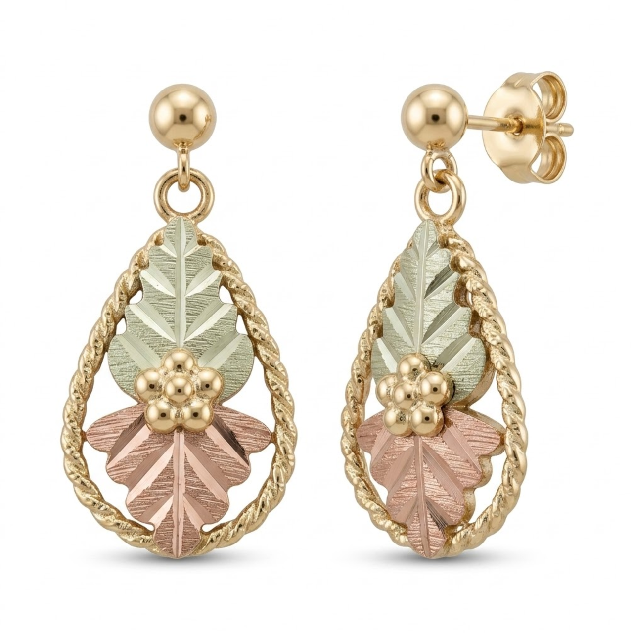 Rope Trim Teardrop Dangle Earrings, 10k Yellow Gold, 12k Green and Rose Gold Black Hills Gold Motif
