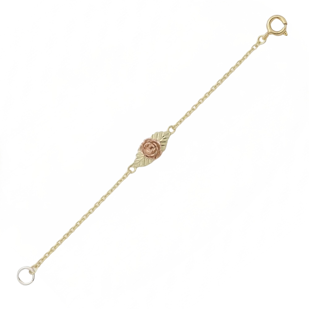 Single 3D Rose Bracelet, 10k Yellow Gold, 12k Green and Rose Gold Black Hills Gold Motif, 7.5"