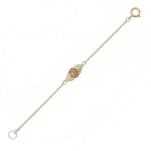 Single 3D Rose Bracelet, 10k Yellow Gold, 12k Green and Rose Gold Black Hills Gold Motif, 7.5"
