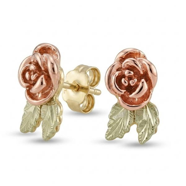 Ave 369 3D Rose Flower Earrings, 10k Yellow Gold, 12k Green and Rose Gold Black Hills Gold Motif