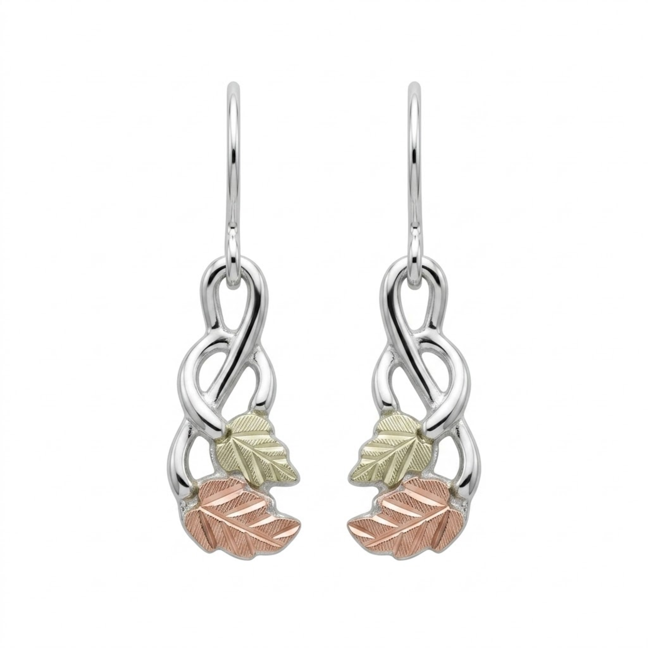 Fancy Scroll Inlaid Leaf Earrings, Sterling Silver, 12k Green and Rose Gold Black Hills Gold Motif