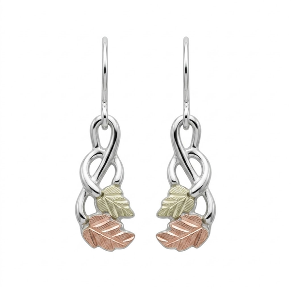 Fancy Scroll Inlaid Leaf Earrings, Sterling Silver, 12k Green and Rose Gold Black Hills Gold Motif