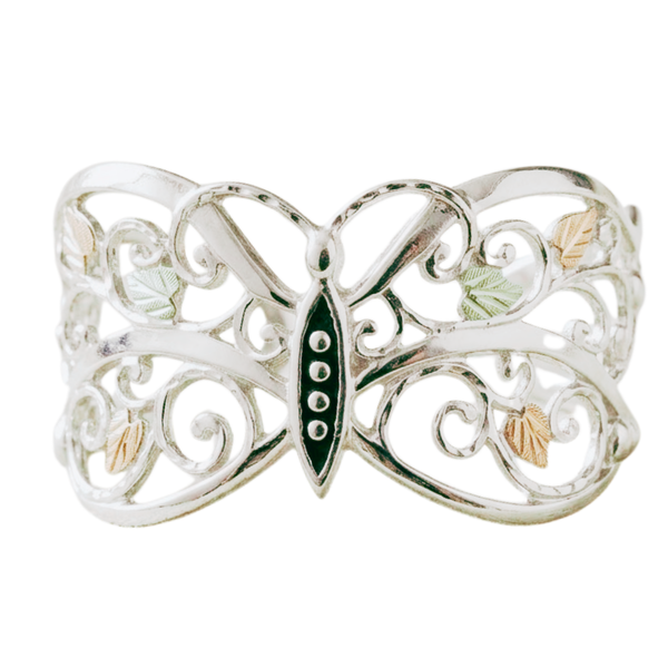 Antique Scrollwork Butterfly Bracelet, Sterling Silver, 12k Green and Rose Gold Black Hills Gold Motif, 7"