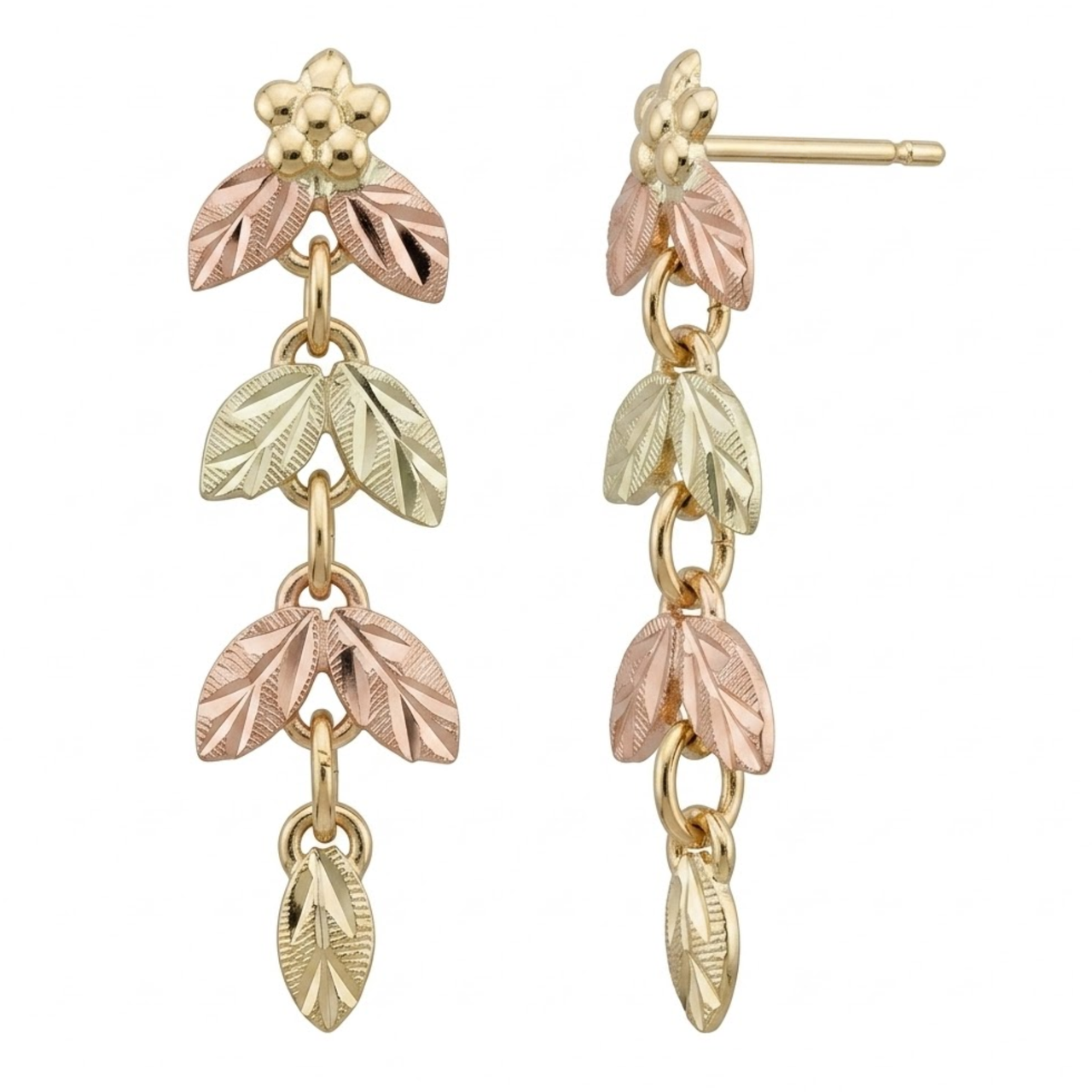 Black Hills Gold Shimmering Leaf Dangle Earrings 10k Yellow Gold with 12k Green & Rose Gold Grape Leaves, Chain Drop Vine Earrings for Women