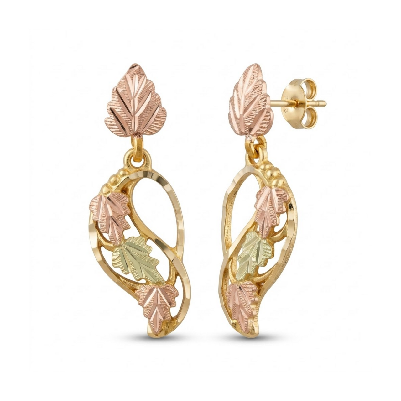 Graduated Leaf Dangle Earrings, 10k Yellow Gold, 12k Green and Rose Gold Black Hills Gold Motif