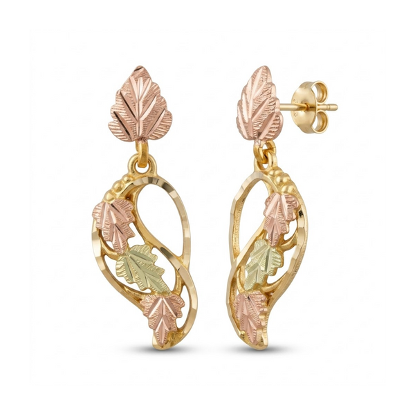 Graduated Leaf Dangle Earrings, 10k Yellow Gold, 12k Green and Rose Gold Black Hills Gold Motif