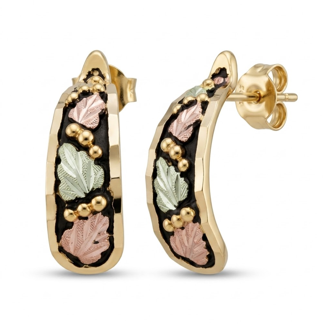 Graduated Leaves Antiqued Earrings, 10k Yellow Gold, 12k Green and Rose Gold Black Hills Gold Motif