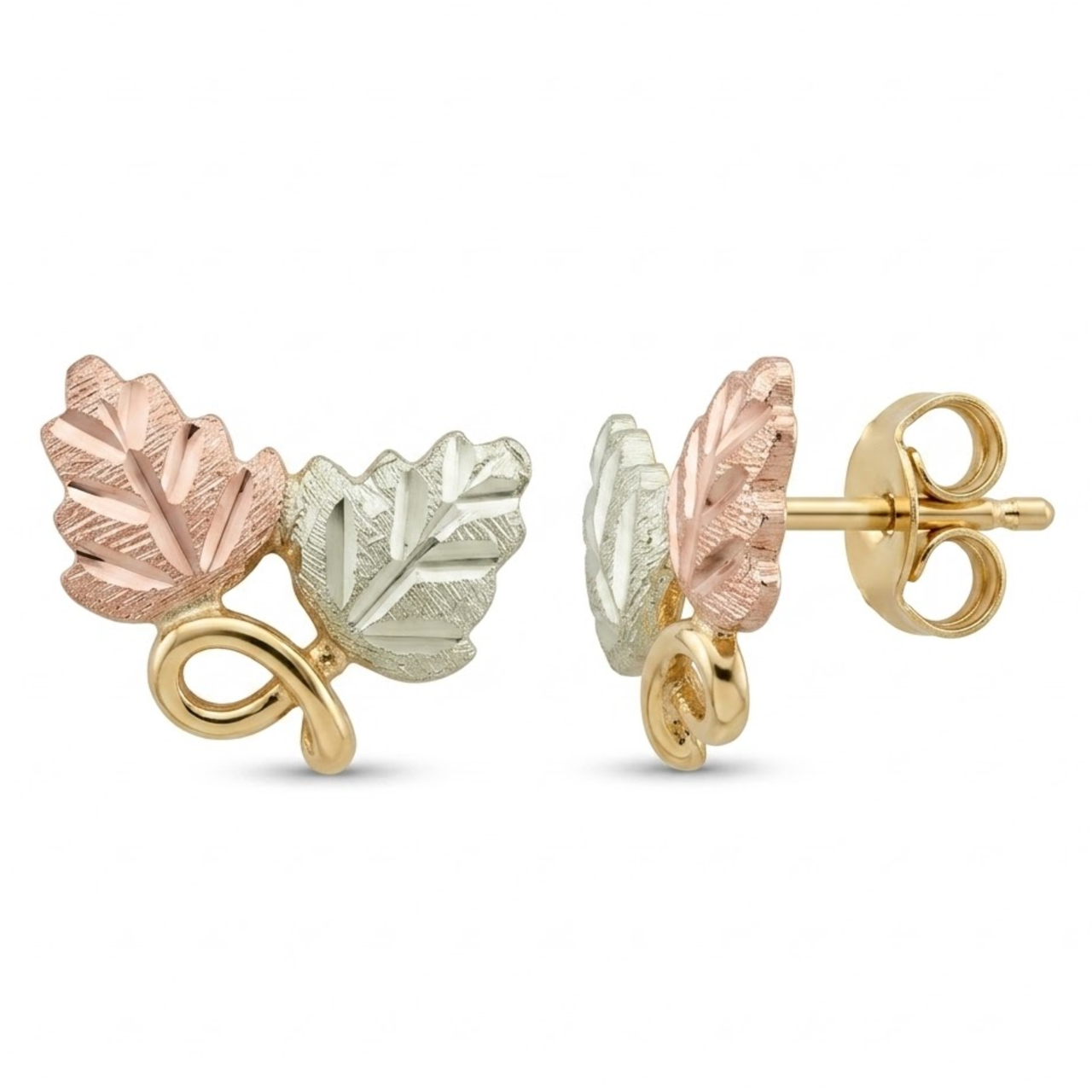 Double Leaf with Vine Earrings, 10k Yellow Gold, 12k Green and Rose Gold Black Hills Gold Motif