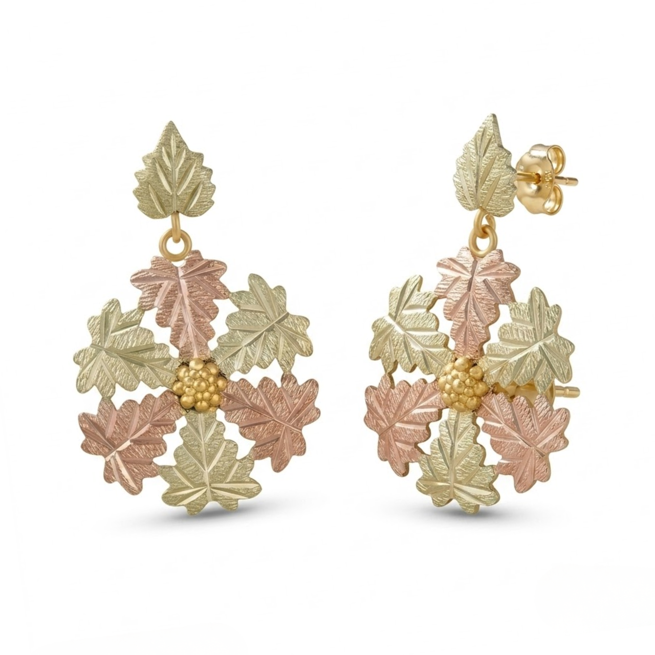 Tri-color Snowflake Post Dangle Earrings, 10k Yellow Gold, 12k Green and Rose Gold Black Hills Gold Motif