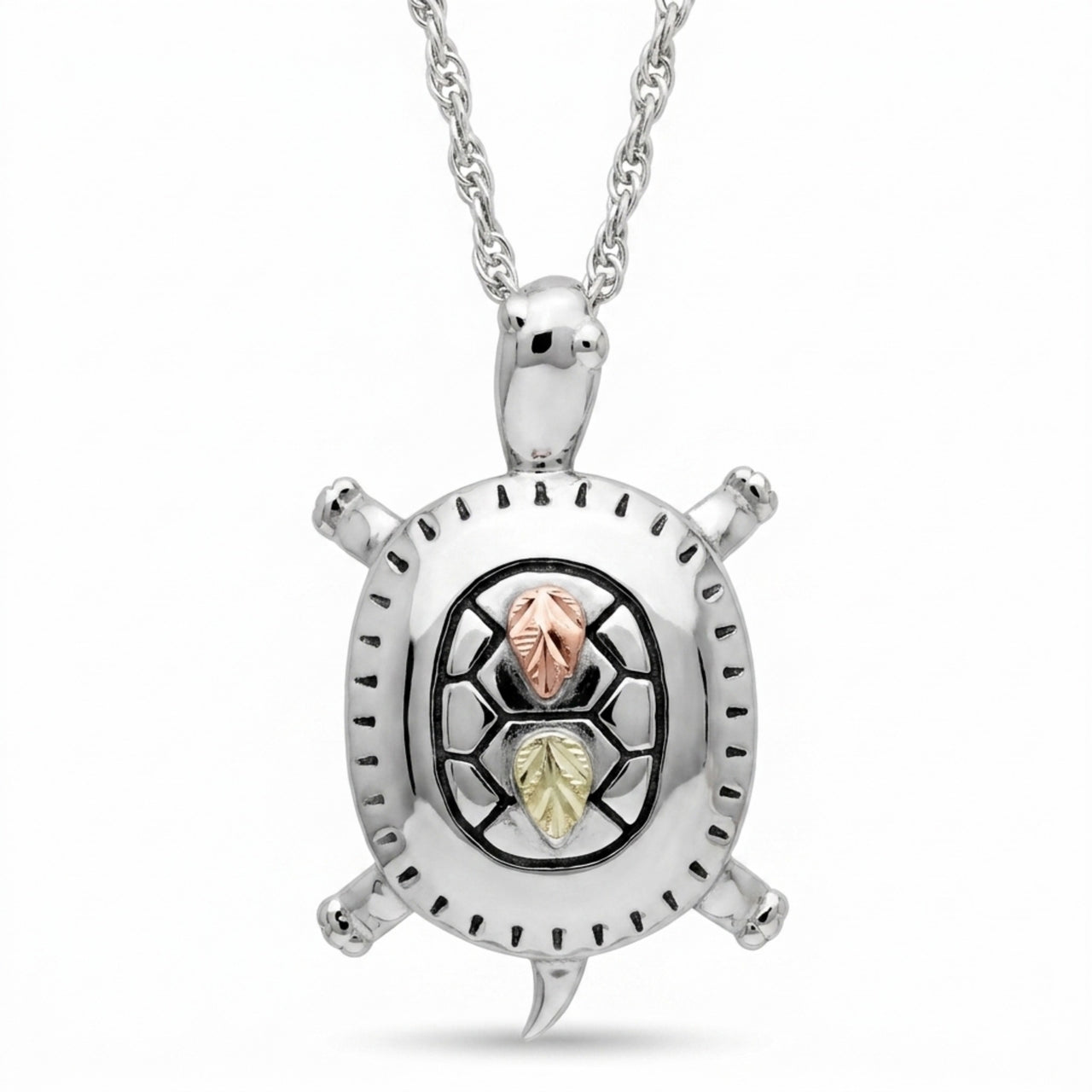 Turtle Pendant Necklace, Sterling Silver, 12k Green and Rose Gold Black Hills Gold Motif, 18"