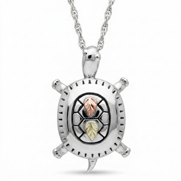 Turtle Pendant Necklace, Sterling Silver, 12k Green and Rose Gold Black Hills Gold Motif, 18"