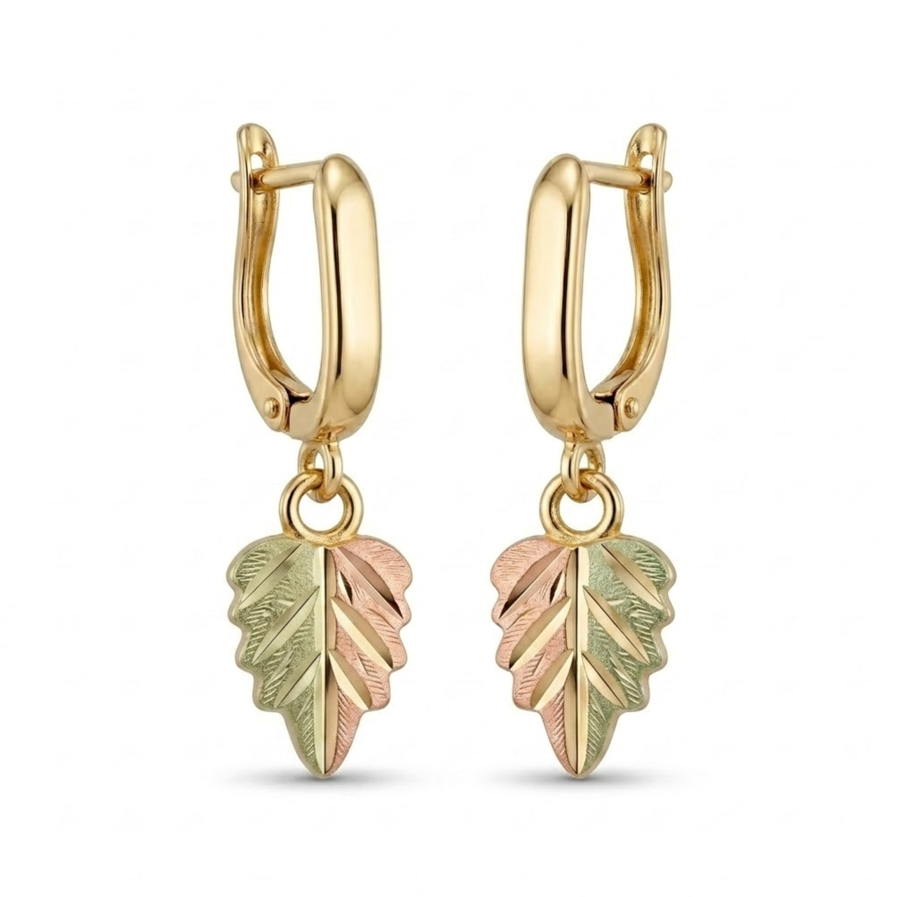 Two-Tone Leaf Dangle Earrings, 10k Yellow Gold, 12k Green and Rose Gold Black Hills Gold Motif