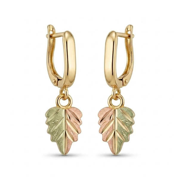 Two-Tone Leaf Dangle Earrings, 10k Yellow Gold, 12k Green and Rose Gold Black Hills Gold Motif