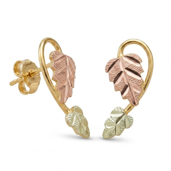 Graduated Leaf Earrings, 10k Yellow Gold, 12k Green and Rose Gold Black Hills Gold Motif