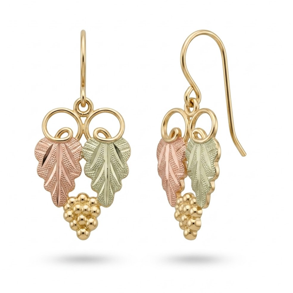 Loops Leaves and Grapes with Fish Hook Earrings, 10k Yellow Gold, 12k Green and Rose Gold Black Hills Gold Motif
