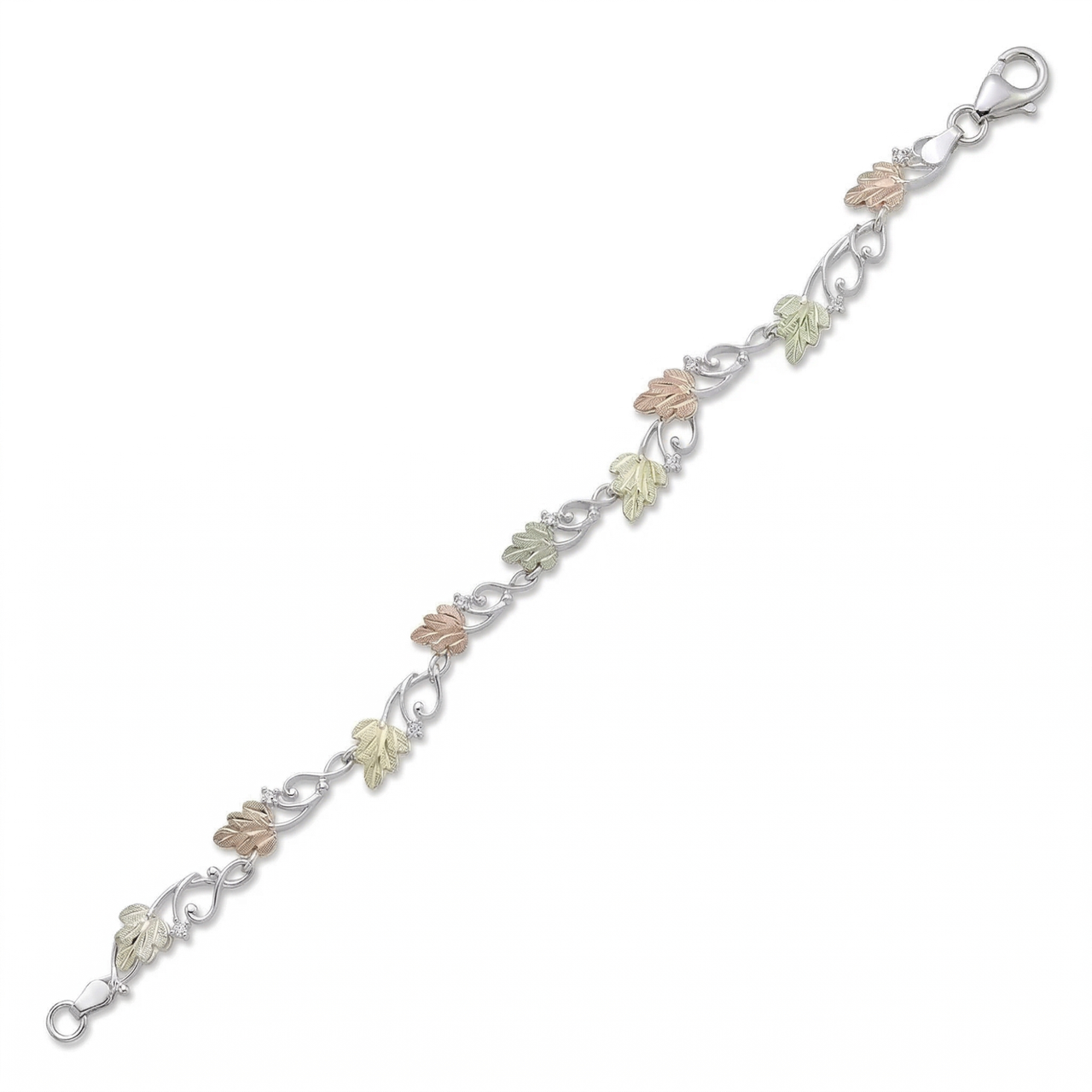 Wave Link with Leaves Bracelet, Sterling Silver, 12k Green and Rose Gold Black Hills Gold Motif, 7"