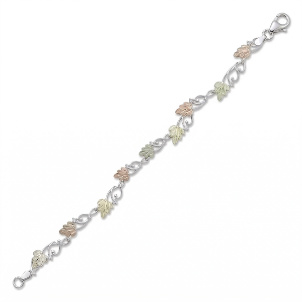 Wave Link with Leaves Bracelet, Sterling Silver, 12k Green and Rose Gold Black Hills Gold Motif, 7"