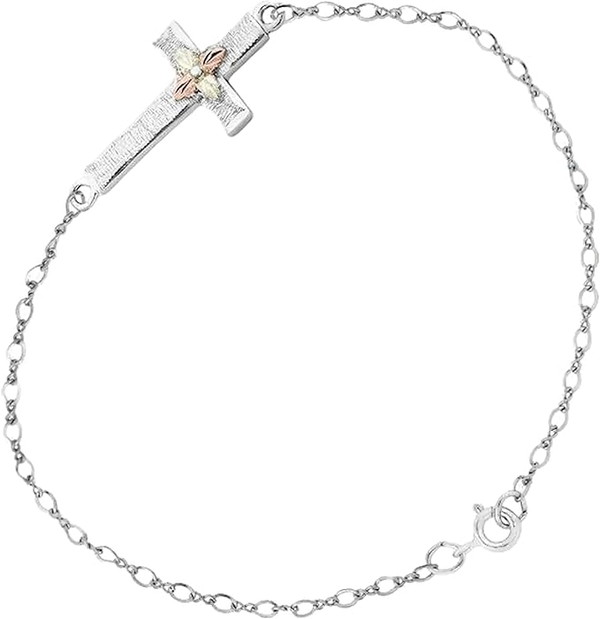 Sideways Cross Bracelet, Sterling Silver, 12k Green and Rose Gold Black Hills Gold Motif, 8"