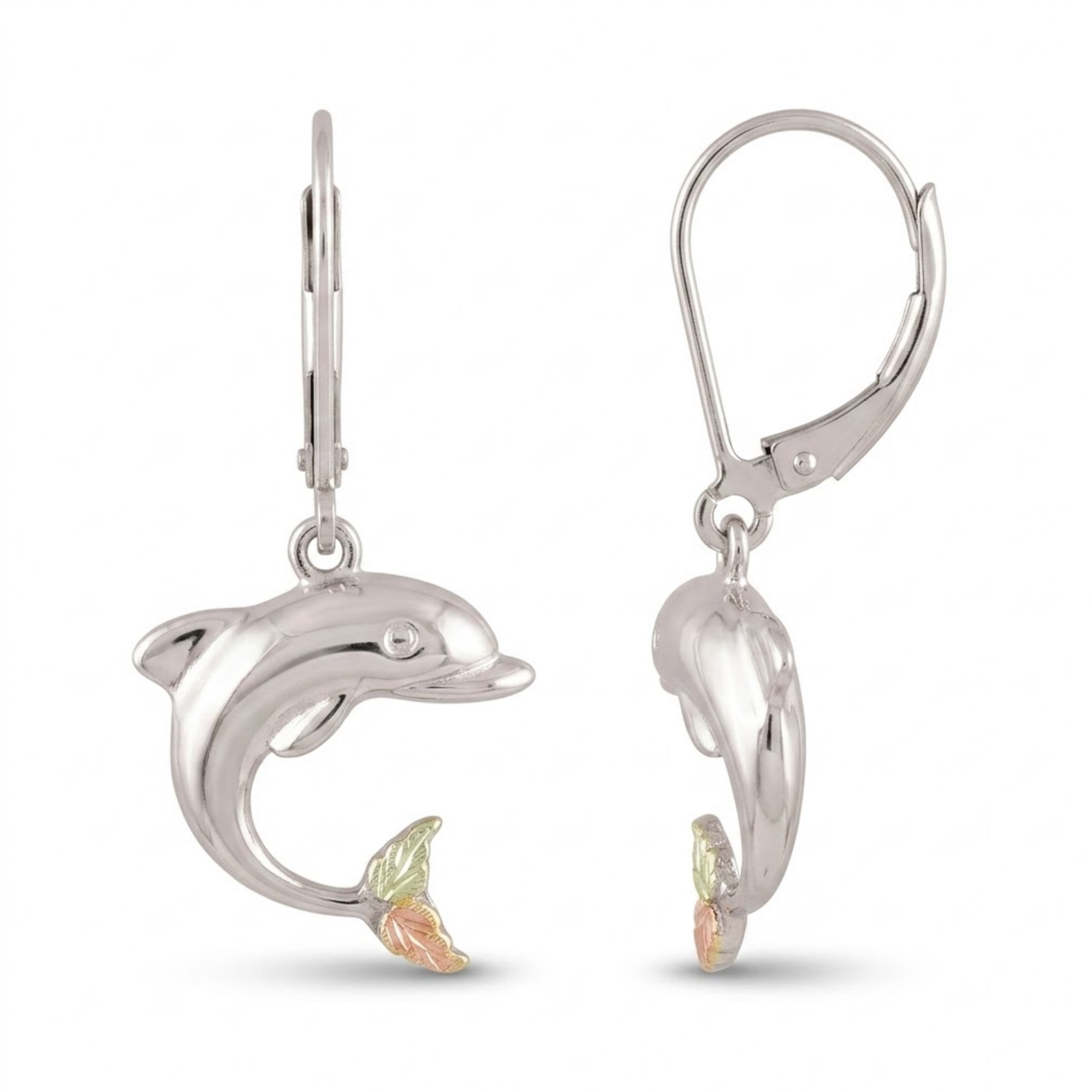 High Polish Dolphin Leverback Earrings, Sterling Silver, 12k Green and Rose Gold Black Hills Gold Motif