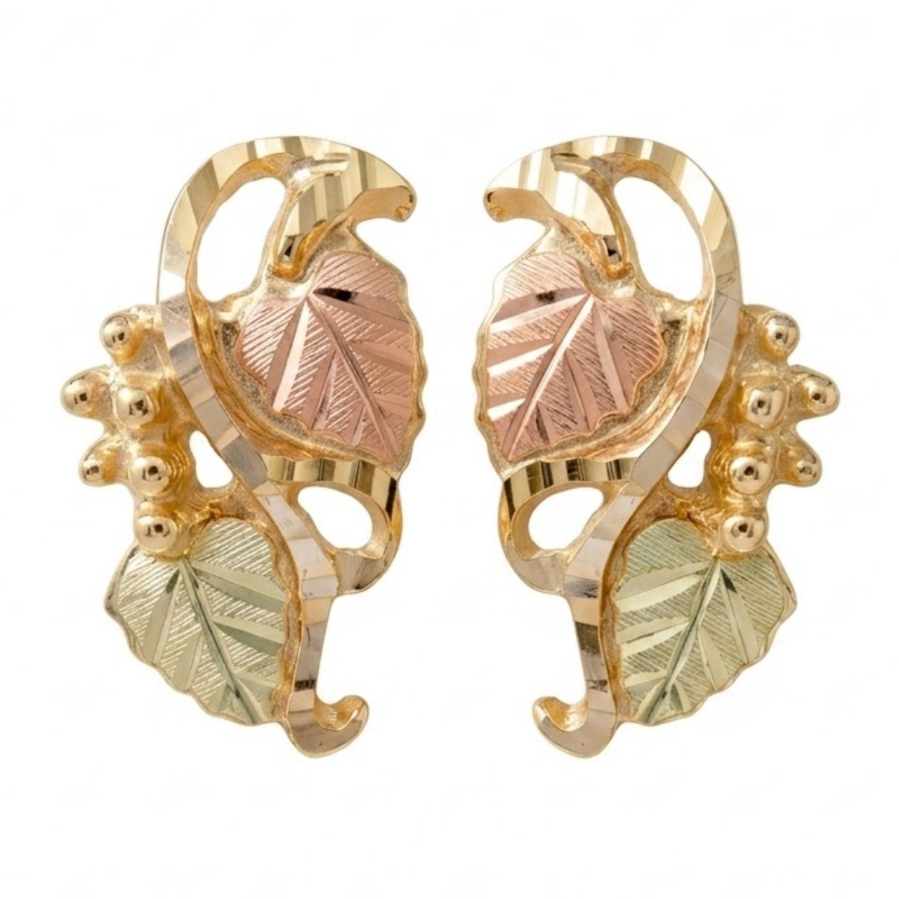 Scrolling Diamond-Cut Trim with Inlaid Leaf Earrings, 10k Yellow Gold, 12k Green and Rose Gold Black Hills Gold Motif