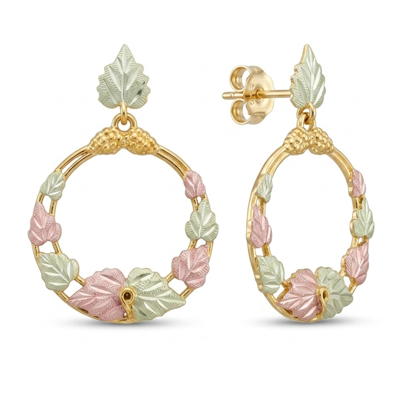 Graduated Grape Leaf Dangle Earrings, 10k Yellow Gold, 12k Green and Rose Gold Black Hills Gold Motif