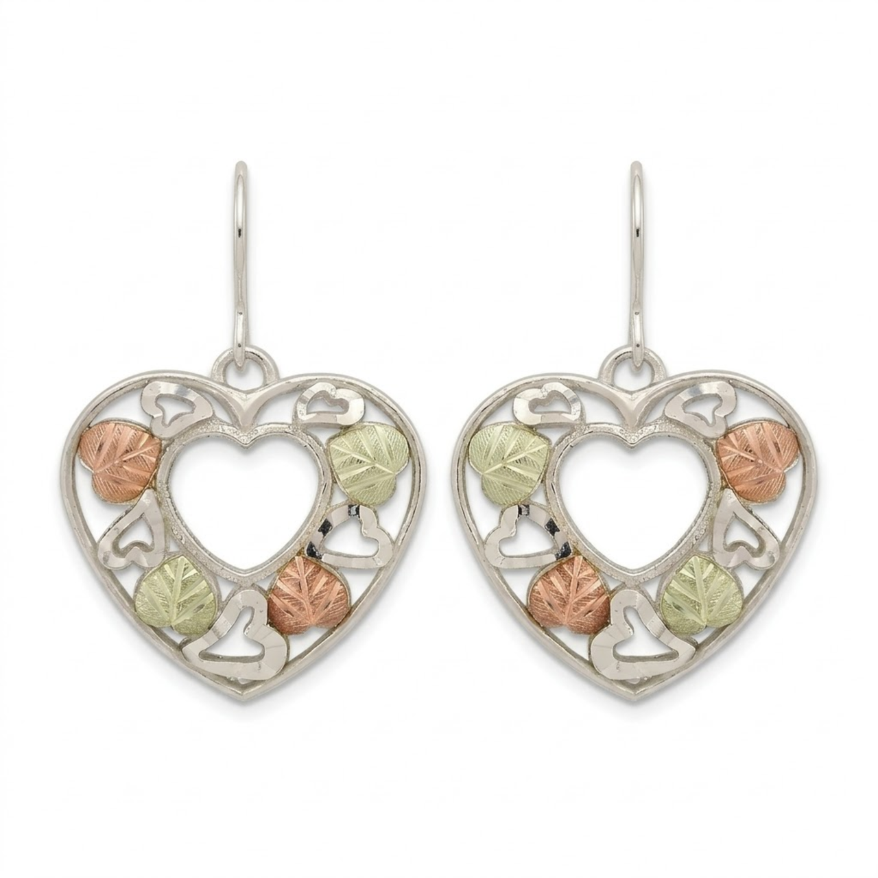 Heart Open-Work Earrings, Sterling Silver, 12k Green and Rose Gold Black Hills Gold Motif