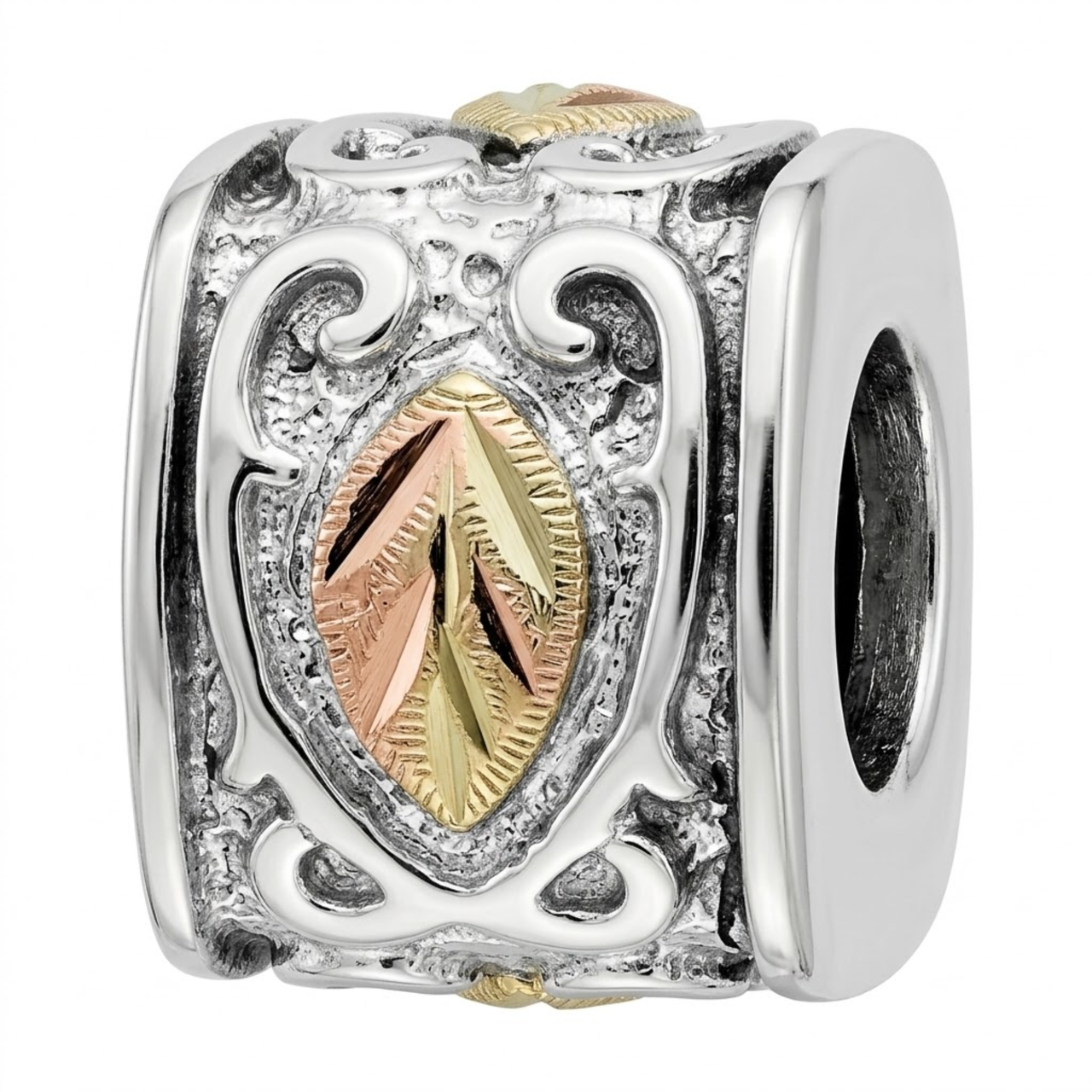 Etch Charm Bead, Sterling Silver, 12k Green and Rose Gold Black Hills Gold Motif.25"