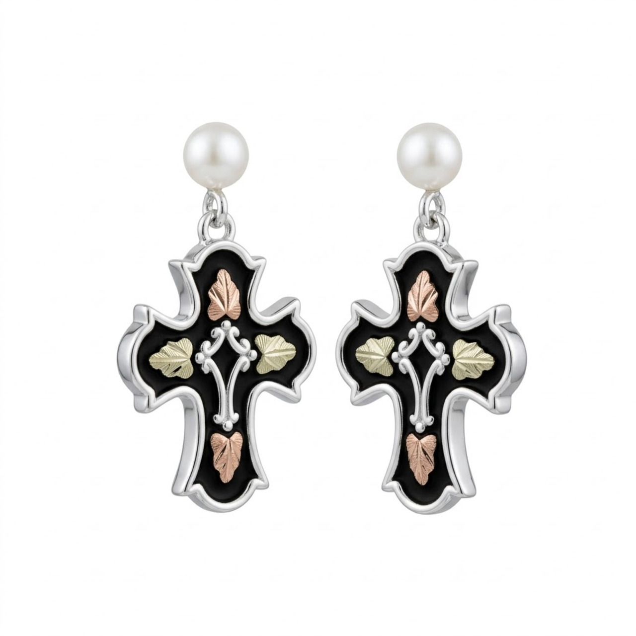 Black Hills Gold Budded Cross Dangle Earrings – Rhodium Plated Sterling Silver with 12K Rose & Green Gold Leaves, Antiqued Cross Earrings for Women