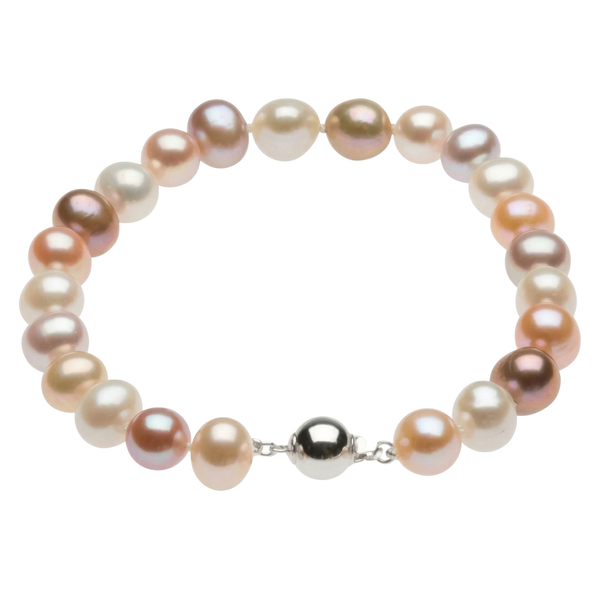 Freshwater Cultured Multi-Color Pearl Strand Bracelet, 8 MM - 9 MM, Sterling Silver 7.75 Inches