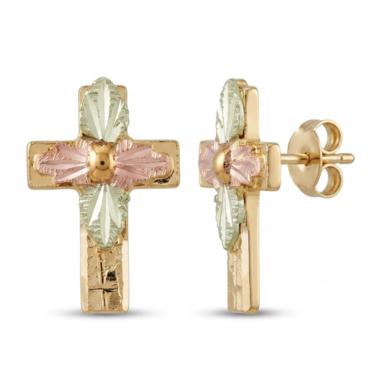 Cross Post Earrings, 10k Yellow Gold, 12k Green and Rose Gold Black Hills Gold Motif