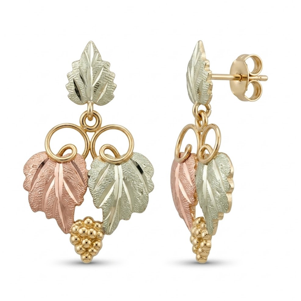 Grape Cluster Drop Earrings, 10k Yellow Gold, 12k Green and Rose Gold Black Hills Gold Motif