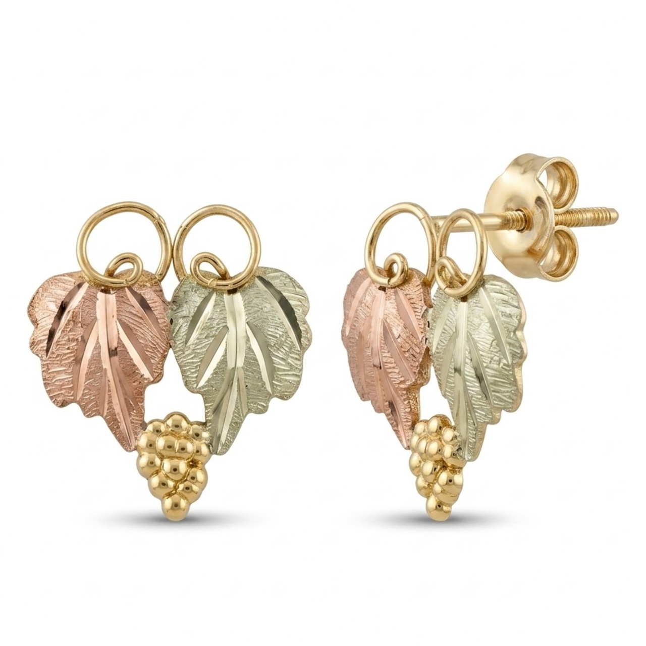 Grape Leaf Stud Earrings, 10k Yellow Gold, 12k Green and Rose Gold Black Hills Gold Motif