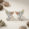 Black Hills Gold Angel Stud Earrings Sterling Silver with 12k Green & Rose Gold Leaves, Guardian Angel Religious Jewelry for Women
