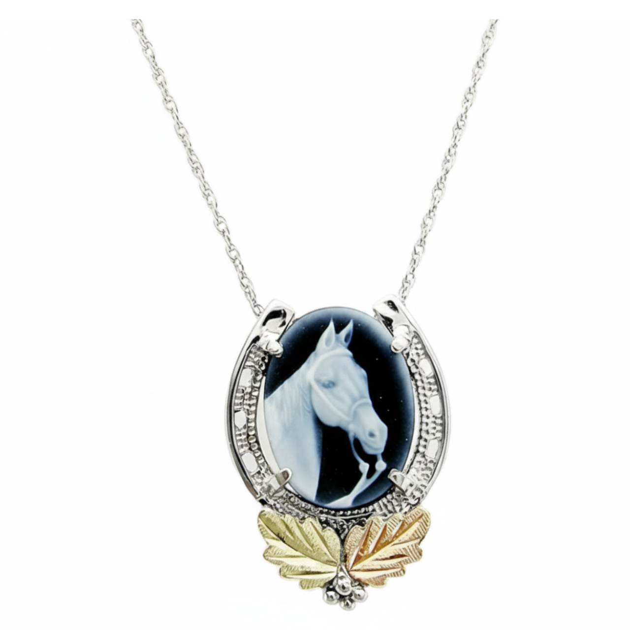 Cameo Horseshoe Pendant Necklace, Sterling Silver, 12k Green and Rose Gold Black Hills Gold Motif, 18"