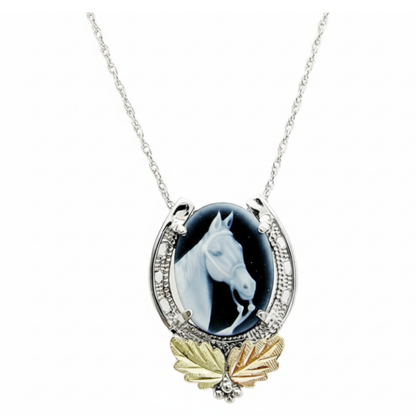Cameo Horseshoe Pendant Necklace, Sterling Silver, 12k Green and Rose Gold Black Hills Gold Motif, 18"