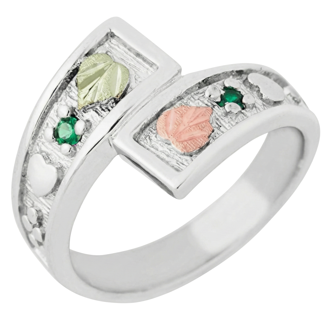 May Birthstone Created Soude Emerald Bypass Ring, Sterling Silver, 12k Green and Rose Gold Black Hills Silver Motif