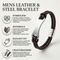 Men’s Braided Leather ID Bracelet, Double Wrap Top Grain Leather Bracelet with Engraveable 316L Stainless Steel Bar, Magnetic Clasp Brown Leather Bracelet for Men, 8.5 Inch