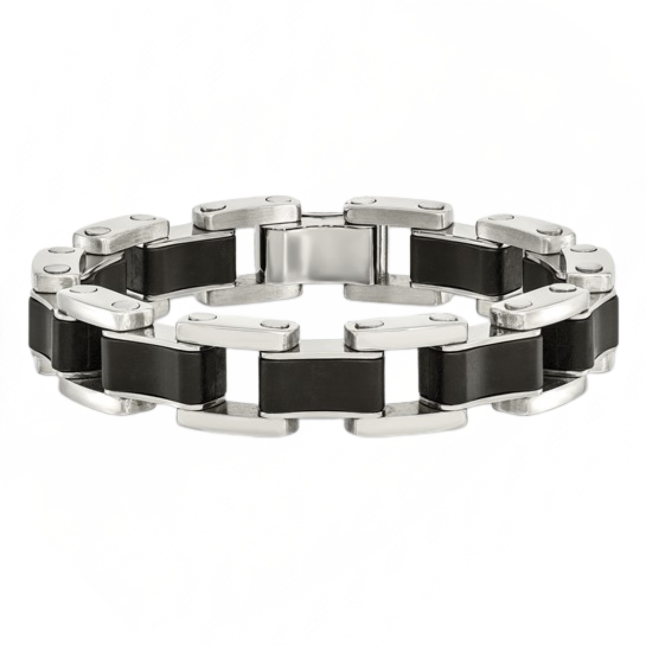 Men’s Stainless Steel Bicycle Chain Link Bracelet with Black Rubber Inlay, 316L Hypoallergenic Heavy Link Biker Bracelet, Fold-Over Clasp, 8.25 Inch