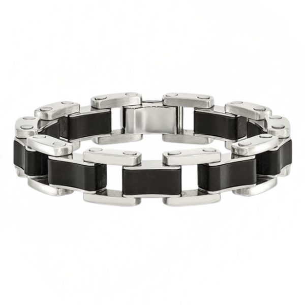 Men’s Stainless Steel Bicycle Chain Link Bracelet with Black Rubber Inlay, 316L Hypoallergenic Heavy Link Biker Bracelet, Fold-Over Clasp, 8.25 Inch