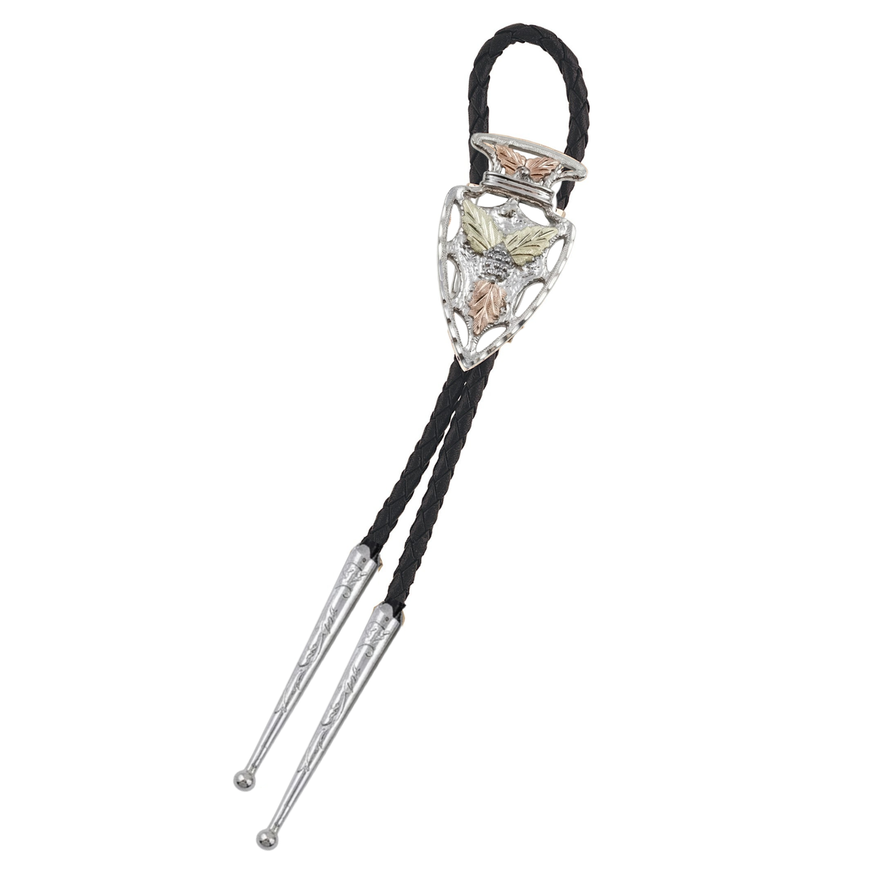 Black Hills Gold Arrowhead Bolo Tie, Sterling Silver with 12K Green & 12K Rose Gold Leaf Accents, Western Style Men's Neck Tie, Heritage Tri-Tone Jewelry