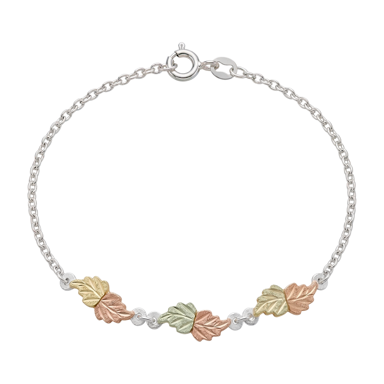 Black Hills Gold Sterling Silver Leaf Link Bracelet with 12k Rose & Green Gold Grape Leaves – Slim Elegant Chain Bracelet for Women, Vintage Nature Jewelry, 7 Inches