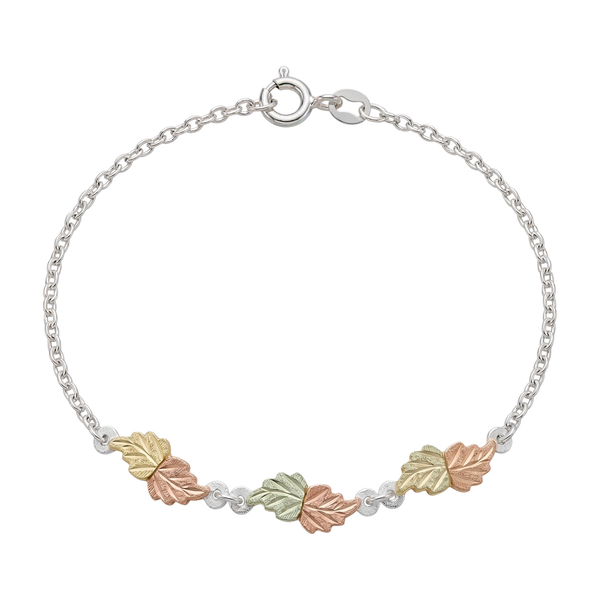 Black Hills Gold Sterling Silver Leaf Link Bracelet with 12k Rose & Green Gold Grape Leaves – Slim Elegant Chain Bracelet for Women, Vintage Nature Jewelry, 7 Inches