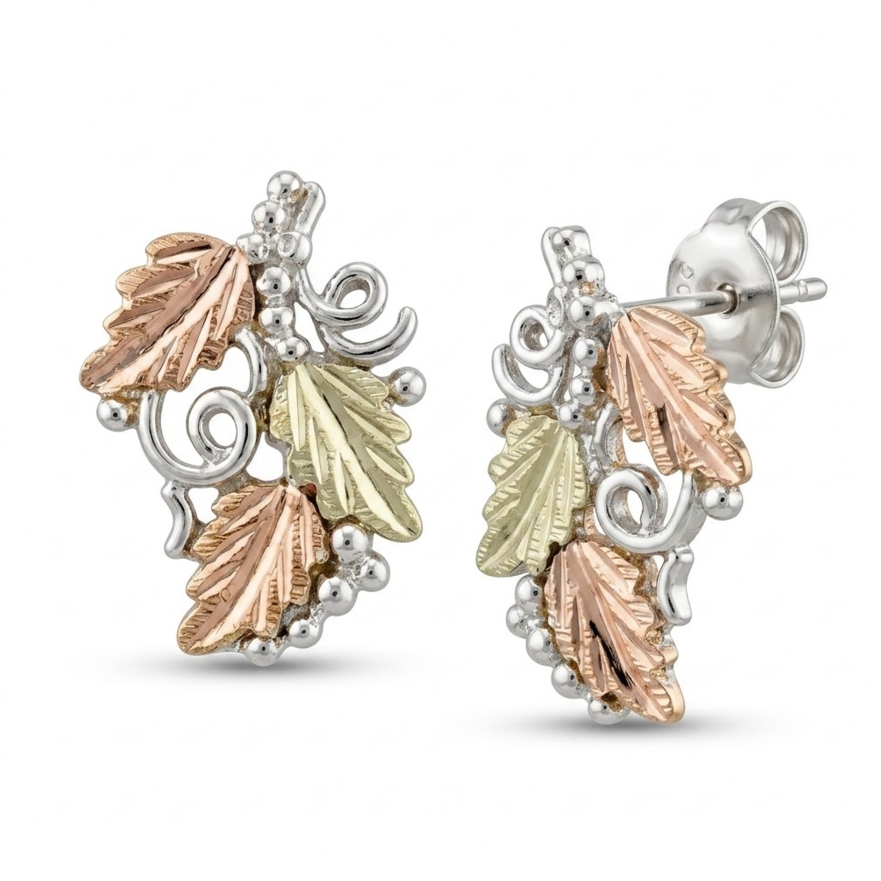 Delicate Frosted Leaf Stud Earrings, Sterling Silver, 12k Green and Rose Gold Black Hills Gold Motif