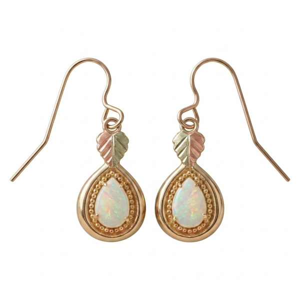 Opal Cabochon Pear Teardrop Earrings, 10k Yellow Gold, 12k Rose and Green Gold Black Hills Gold Motif