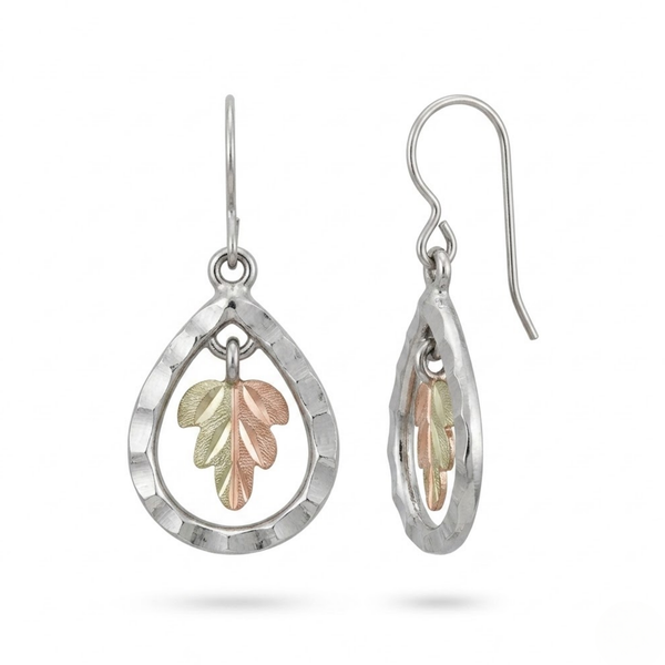 Sterling Silver Diamond-Cut Teardrop Frame Dangle Earrings with Floating 12k Green and Rose Gold Leaf Center, Black Hills Gold Fine Jewelry for Women on French Wires