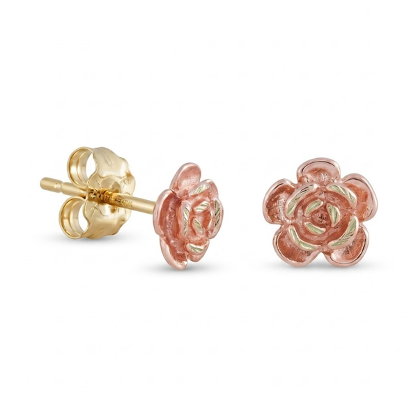 Ave 369 Petite Rose Stud Earrings with Grape Leaf Accents in 10K Yellow Gold, Tri-Color Black Hills Gold Floral Jewelry Gift for Women