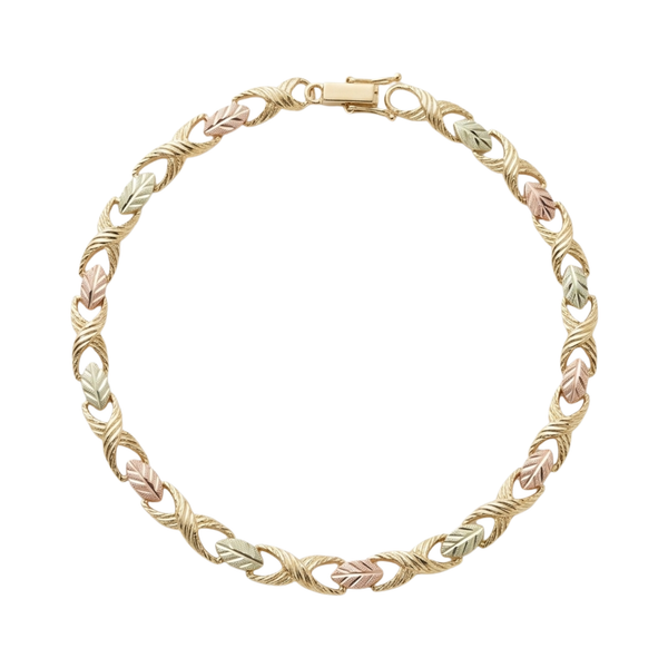 Black Hills Gold Infinity Link Bracelet for Women, 10K Yellow Gold with 12K Green & Rose Gold Leaf Accents, Tri-Tone Infinity Symbol Bracelet, Fine Gold Jewelry, 7.5 Inch